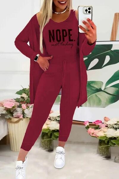 Mossta Printed Blouse Jacket Pants 3-Piece Set - Burgundy