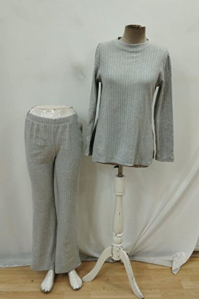 Mossta Crew Neck Side Slit Ruched Camisole Blouse Pants Two-Piece Set - Gray