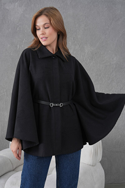 beeke Women's Waist Belted Cashmere Black Poncho New Season Stylish Oversize Trendy and Comfortable Modern Outerwear