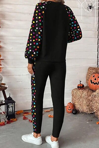 Mossta Heart Patterned Viscose Two Thread Double Suit - Black