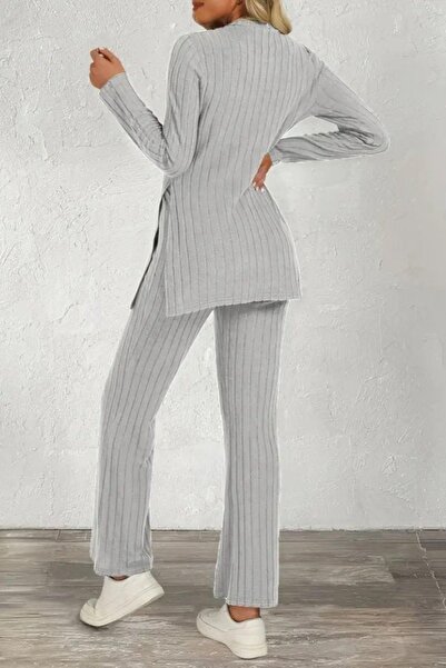 Mossta Crew Neck Side Slit Ruched Camisole Blouse Pants Two-Piece Set - Gray