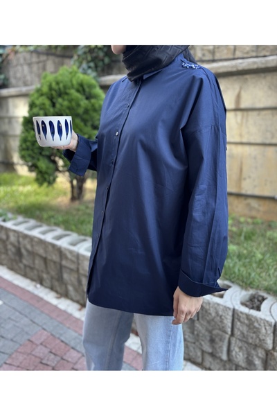 faden official Boyfriend boncuk detaylı lacivert gömlek