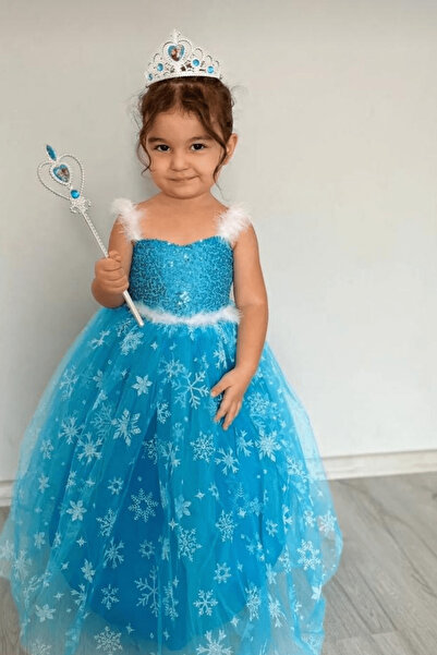 Turuncu Gardrop 2-10 Yaş Elsa Askılı Payetli Tarlatanlı Omuzları Tüylü Kız Ço...