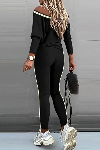 Mossta Striped V-Neck Off-The-Shoulder Two-Thread Suit - Black