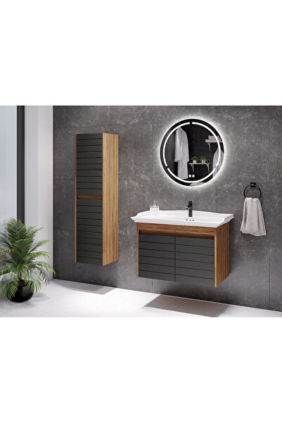 ROSEART BANYO ESTELLA CEVİZ ANTRASİT 80CM BANYO DOLABI SETİ LED AYNA + ALT MO...