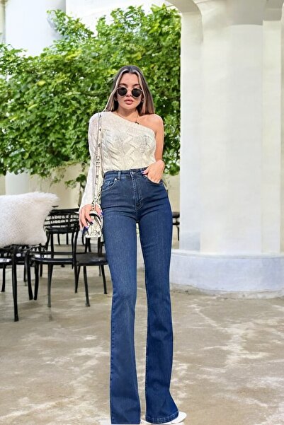 byhaziran butik Pantaloni de damă din denim elastic, albastru închis, model f...