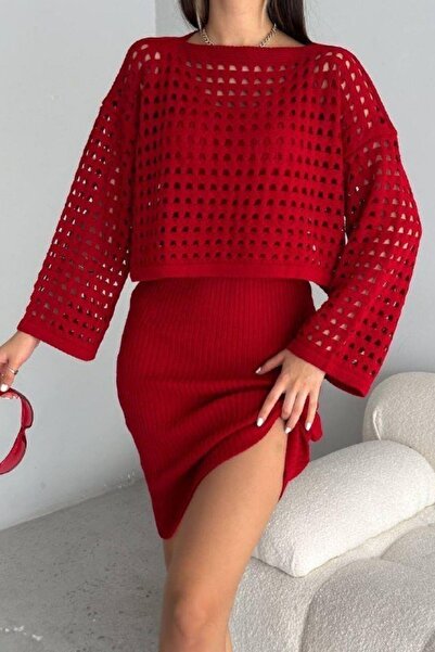 Mossta Long Sleeve Crop Sweater Suspender Knitwear Dress Two-Piece Set - Burgundy