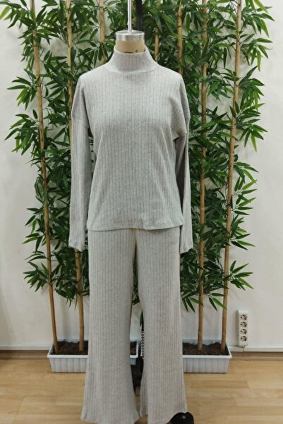 Mossta Turtleneck Ribbed Blouse Pants Two-Piece Set - Gray