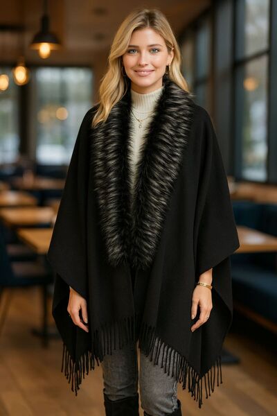 FELLMENS معطف نسائي من الفرو الصناعي الأسود