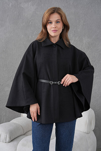 beeke Women's Waist Belted Cashmere Black Poncho New Season Stylish Oversize Trendy and Comfortable Modern Outerwear