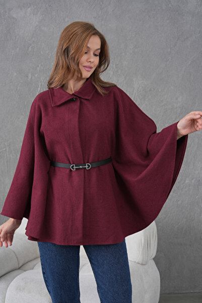 beeke Women's Waist Belted Cashmere Burgundy Poncho New Season Stylish Oversize Trendy and Comfortable Modern Outerwear