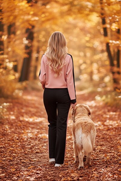 Mossta Pink Black Stripe Detailed Long Sleeve Blouse and Pants Two Piece Set