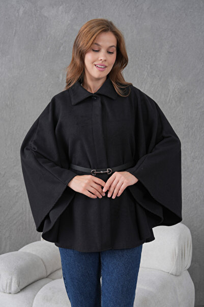 beeke Women's Waist Belted Cashmere Black Poncho New Season Stylish Oversize Trendy and Comfortable Modern Outerwear