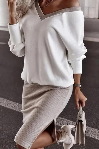 Mossta Long Sleeve V-Neck Blouse Slit Skirt Two-Piece Set - Beige