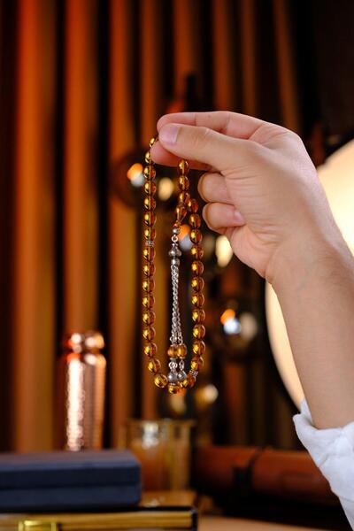 dergah tesbih Elegant Design Silver Tassel Fire-I Crimped Amber Prayer Beads