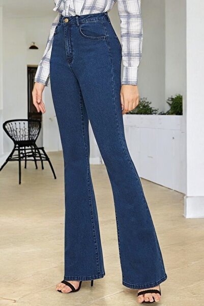 byhaziran butik Esla Stretchy Dark Blue Denim Women's Spanish Leg Jeans