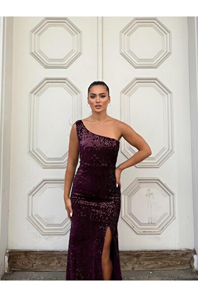 Modafeminen Trend Kadife Yırtmaçlı Elbise Açık Mor 583150