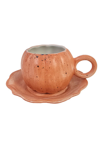 Hulganz El Yapımı Seramik Kupa Balkabağı / Pumpkin Çay Kahve Fincanı Mug Bardak ve Tabak Halloween
