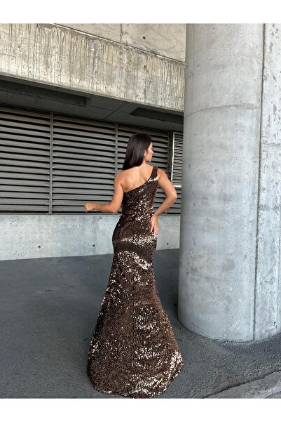 Modafeminen Trend Kadife Yırtmaçlı Elbise Bakır 583150