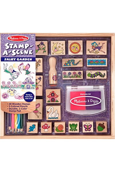 Melissa & Doug Stamp-a-Scene Fairy Garden – 20-Piece Craft Kit with Wooden Stamps, Colored Pencils