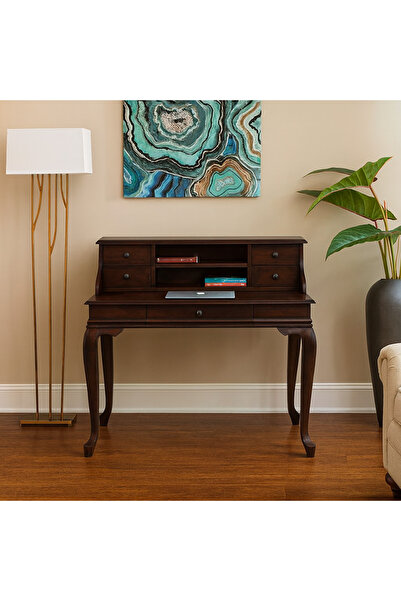 Wooding Mobilya 110 Cm 5 Çekmeceli Masif Koyu Ceviz Raflı Çalışma Masası