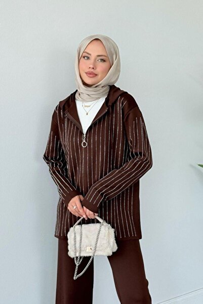 Şulemoda Giyim Eros Kapüşonlu Taşlı Takım Kahverengi