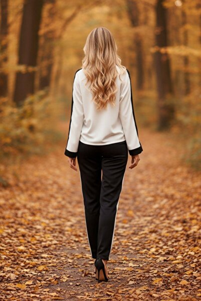 Mossta Trend Stripe White Black Pocket Pants and Off Shoulder Blouse Set