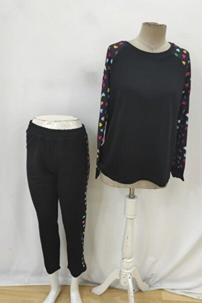 Mossta Heart Patterned Viscose Two Thread Double Suit - Black