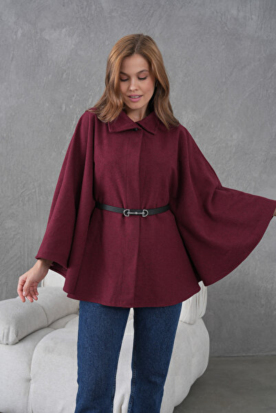 beeke Women's Waist Belted Cashmere Burgundy Poncho New Season Stylish Oversize Trendy and Comfortable Modern Outerwear
