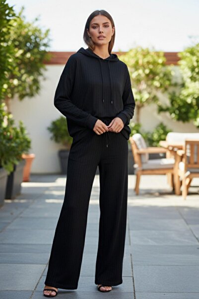 Mossta Comfortable Fit Hooded Wide Leg Ribbed Women's Set – Black