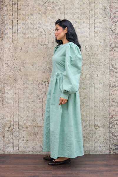 KÜÇÜĞÜM BUTİK Green Seersucker Pleated Long Women's Dress