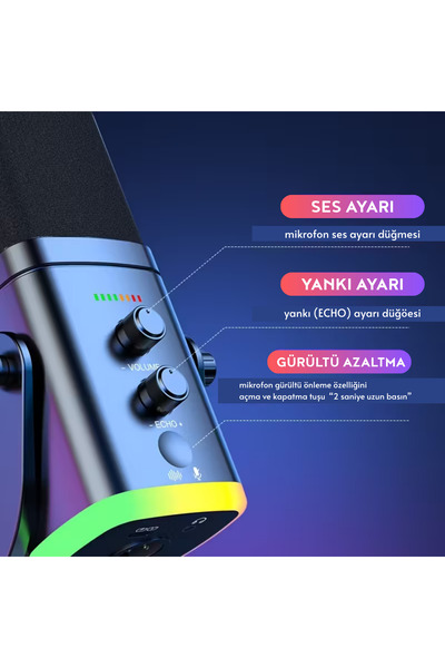 Rever PRO++ Yayıncı Mikrofonu Profesyonel Gaming Oyuncu RGB Işıklı Masaüstü Mikrofon