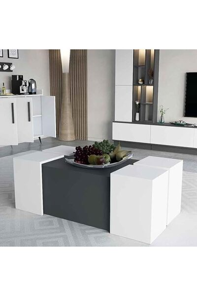Stylish Home طاولة مركزية مع 4 طاولات خدمة - CT61 120x33.4x120، أبيض ورمادي