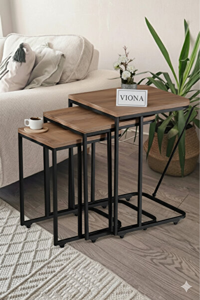 VIONA HOME Moris Zigon Sehpa 3'lü Tekerlekli Metal Ayaklı Yan Sehpa