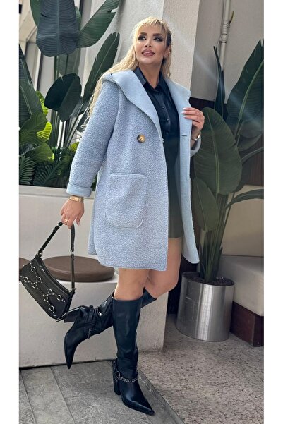 Butik Nilyam Women's Plus Size Hooded Button Detailed Pocket Lamb Coat Jacket 25031