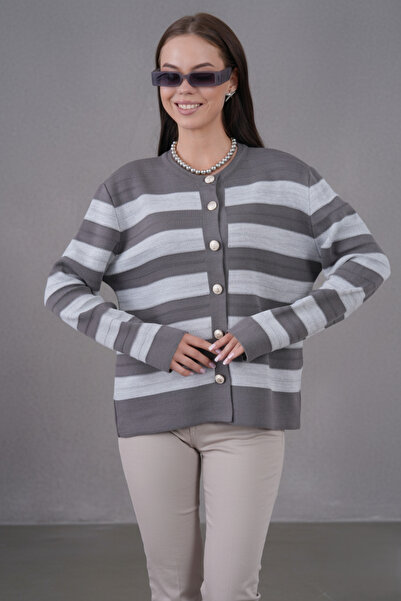 hayal giyim Women's Crew Neck Silver Button Detailed Knitwear Cardigan