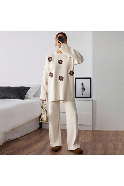 HEDEFNUR TEKSTİL Women's Knitwear Top and Bottom Set Acrylic Daisy Patterned Stretchy Set