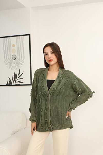 AYASOFYA OTANTIK Women's Khaki Button Closure Vintage Detailed Loose Cotton Knitwear Long Cardigan Cap