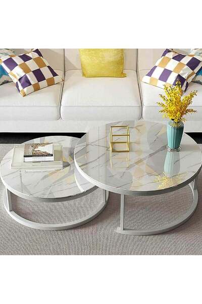 Türkiye Nesting Table Set of 2,Stackable Coffee Table Marble Texture and Metal Coffee Nesting End Tables Ele
