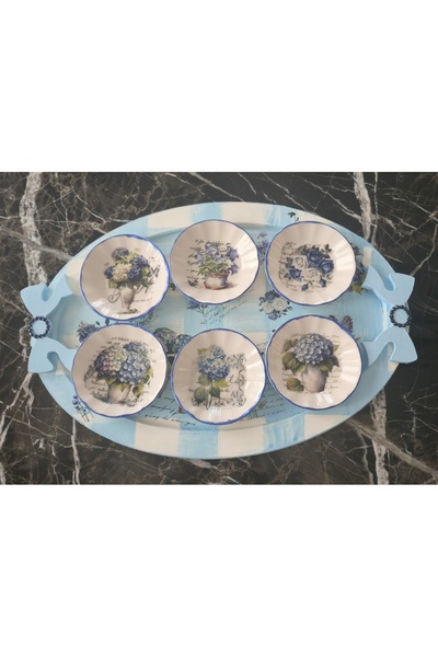 elayarts Tepsi ve 6lı çay bardağı takımı Mavi çiçekli hediyelik