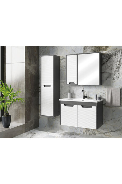 ROSEART BANYO SAFİR ANTRASİT BEYAZ 80CM BANYO DOLABI SETİ ÜST MODÜL + ALT MODÜL + SERAMİK LAVABO + BOY DOLAP