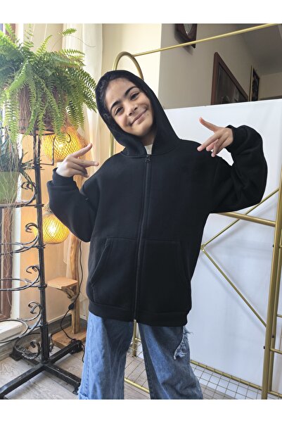 Şimo Butik Fete Băieți Copii Unisex cu glugă fermoar cu căptușeală din fleece buzunare Confortabil 100% bumbac Swea tricou Cardigan Negru