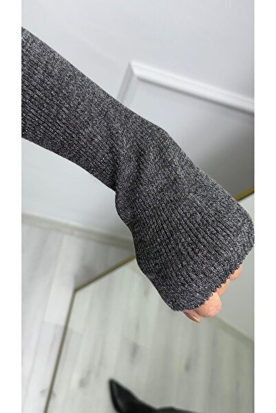 TUNAM BUTİK 10803 V-Neck Glitter Knit Sweater Smoked