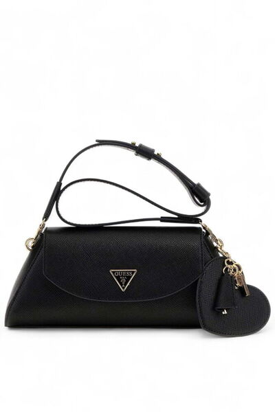 Guess حقيبة كتف نسائية هندسية مع إكسسوارات على شكل قلب - أسود