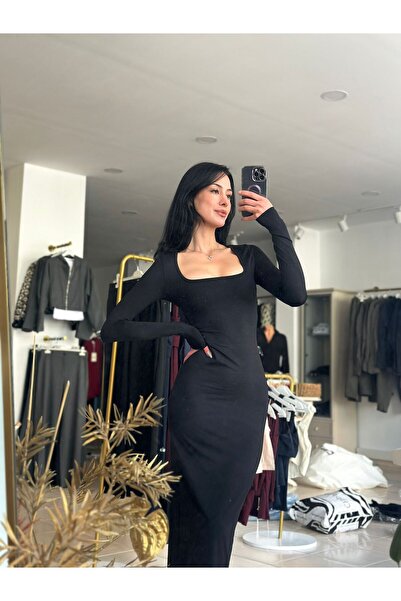 İREMŞAHİN Kare Yaka Uzun Kollu Bodycon Maxi Elbise - Siyah