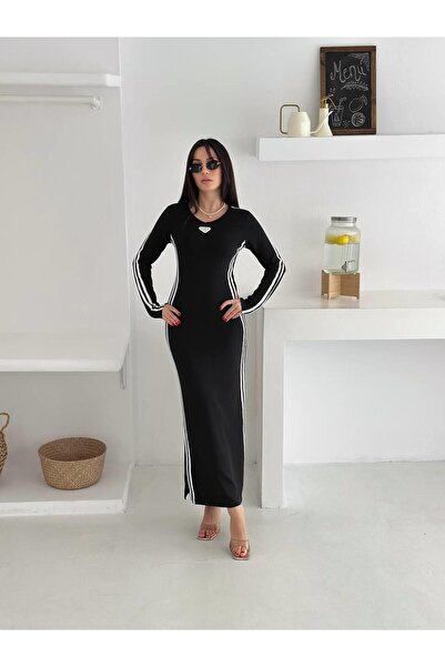 Jeevee Modal Kumaş Yan Şeritli Uzun Kollu Fit Elbise
