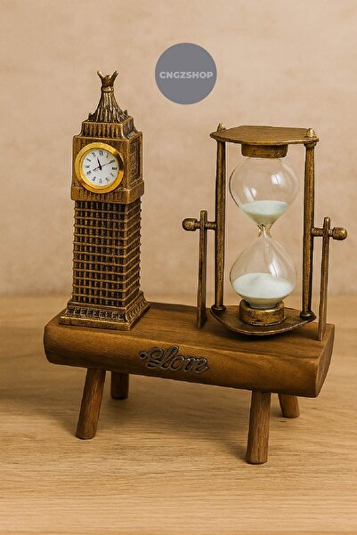 CNGZSHOP Vintage Big Ben Saat ve Kum Saati Dekoratif Biblo | Ahşap Standlı Re...