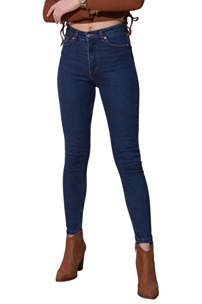 byhaziran butik بنطلون جينز نسائي من هانكا باللون الأزرق الداكن عالي الخصر وض...