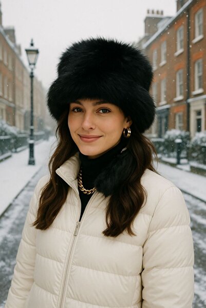 FELLMENS قبعة نسائية من الفرو الصناعي الأسود من نوع مانجو بلوش كالباك