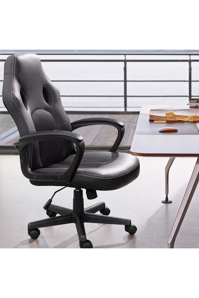 FURMAA Office Desk Leather Gaming High Back Ergonomic Adjustable Racing Task Swivel Headrest [Black]